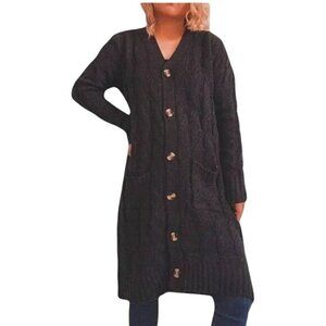 MARSH LANDING Handcrafted Long Black Knit Womens Cardigan  Pockets M grandmacore